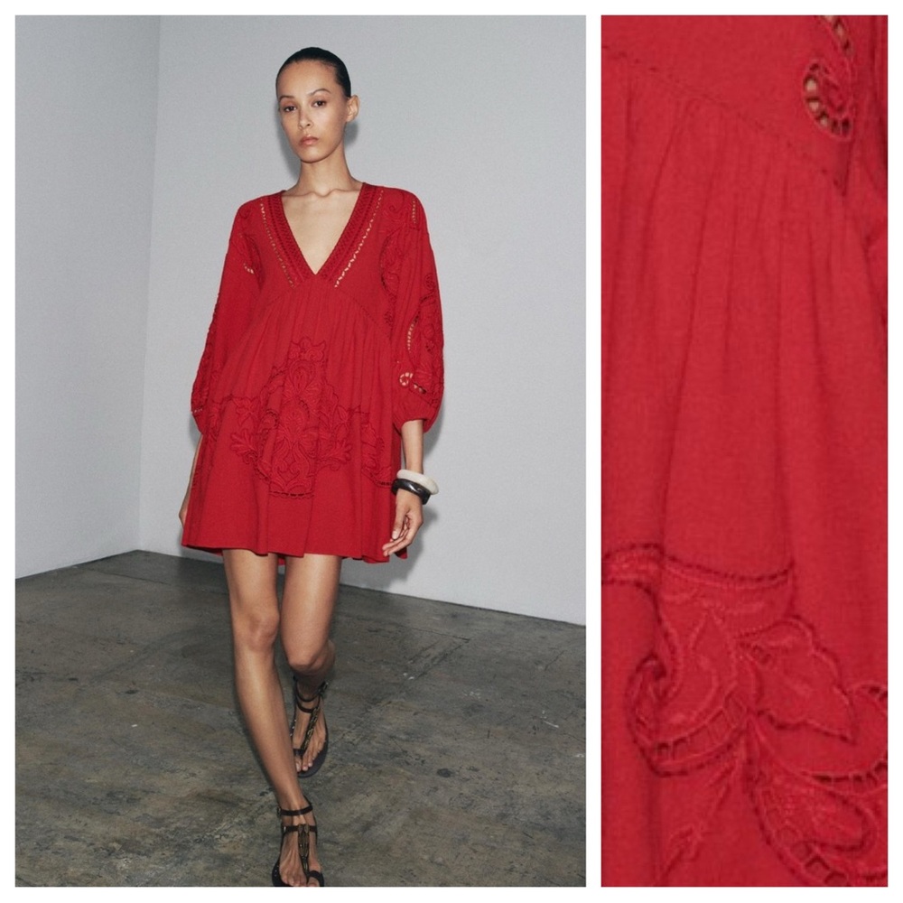 Red V-Neck Embroidered Mini Dress - Women